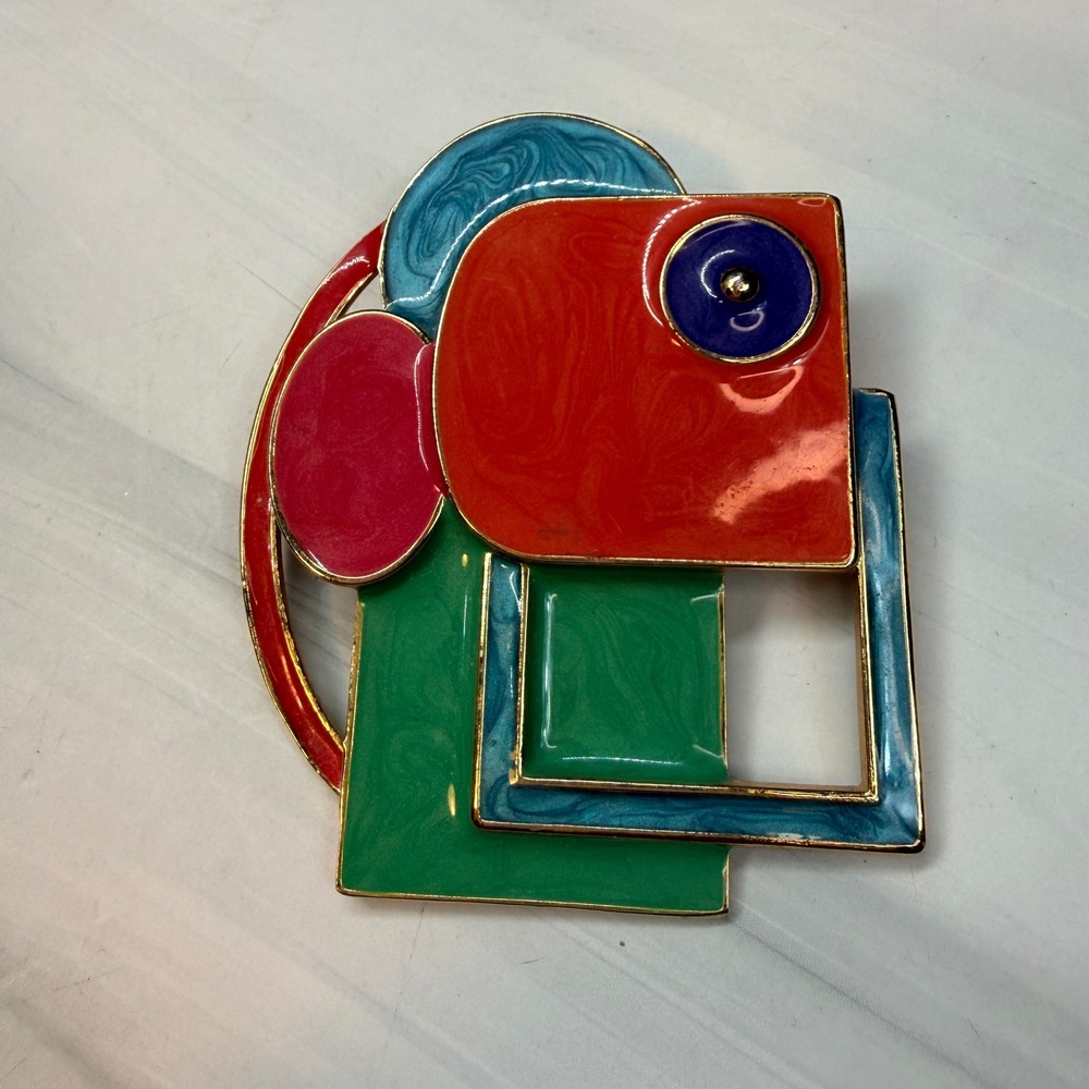 Vintage Geometric Enamel Pendant Gold Tone Abstract Multi Color Statement Piece